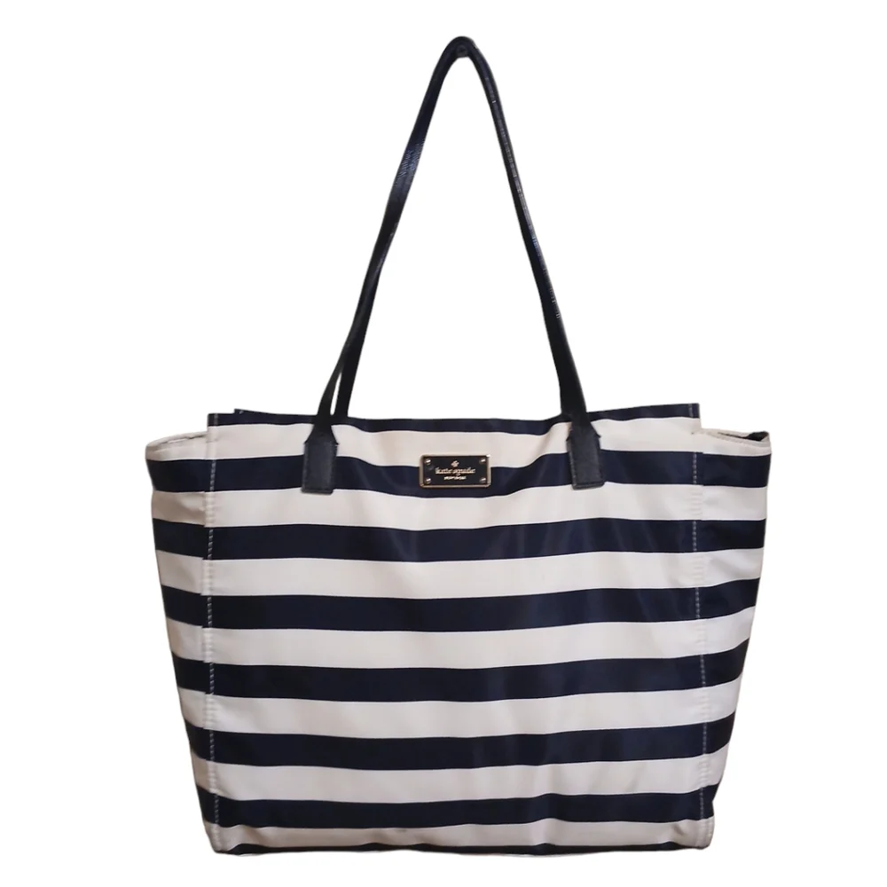 Kate Spade New York Black and White Striped Nylon Tote Shoulder Bag,